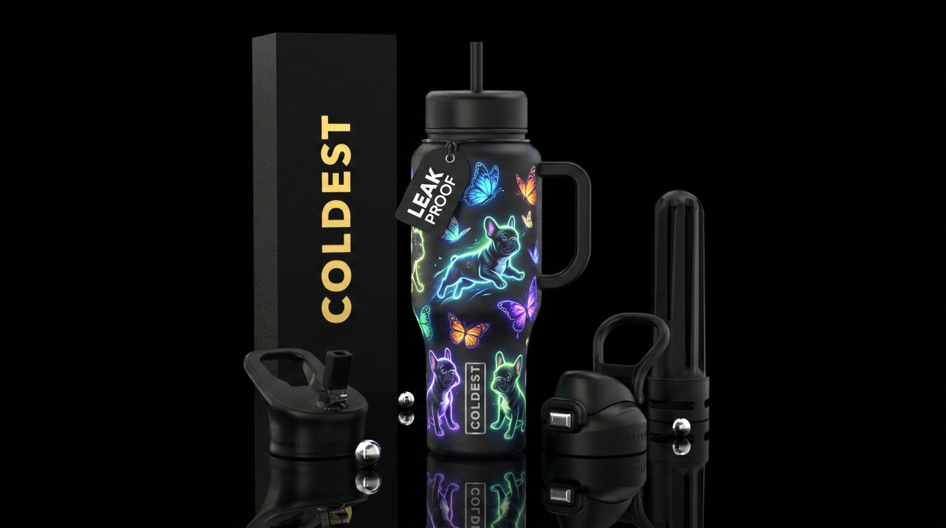 Glowing French Bulldogs chasing butterflies water bottle design