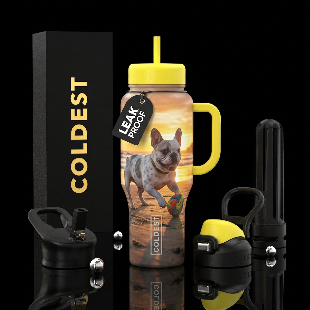 White with brown & gray spots French bulldog playi... water bottle design
