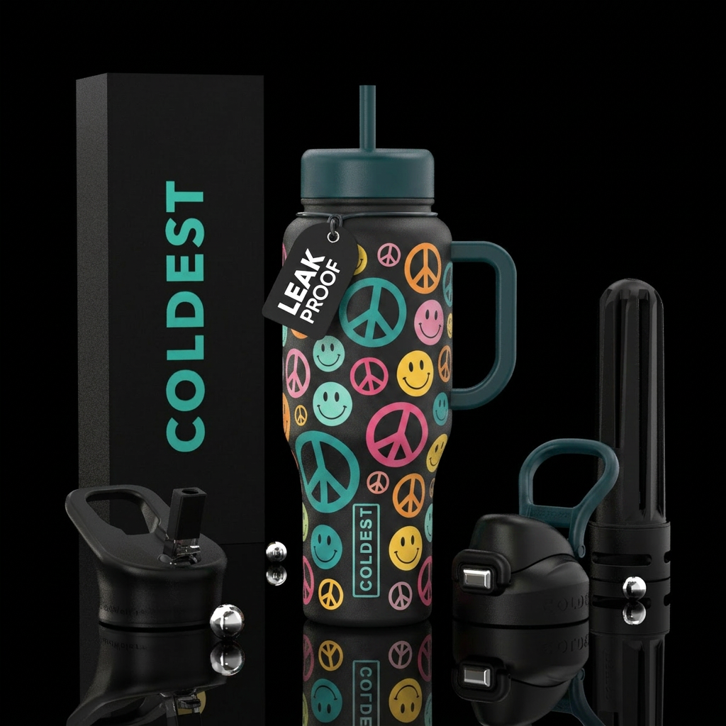 peace sign and happy faces water bottle design