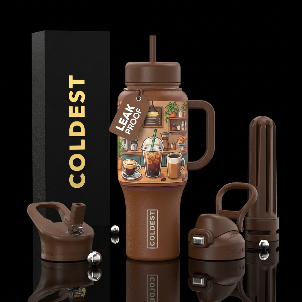 brown background with cups of coffee, cold brew, e... water bottle design