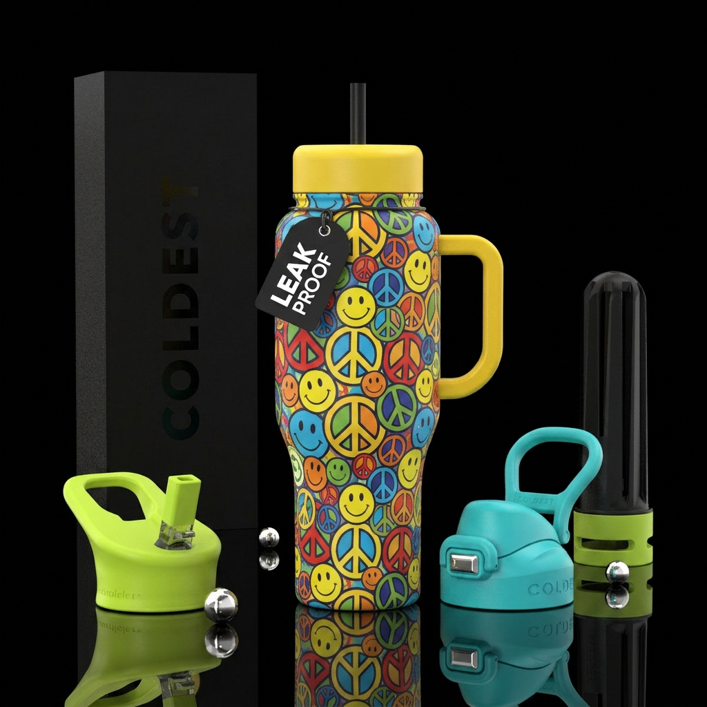 peace sign and happy faces water bottle design