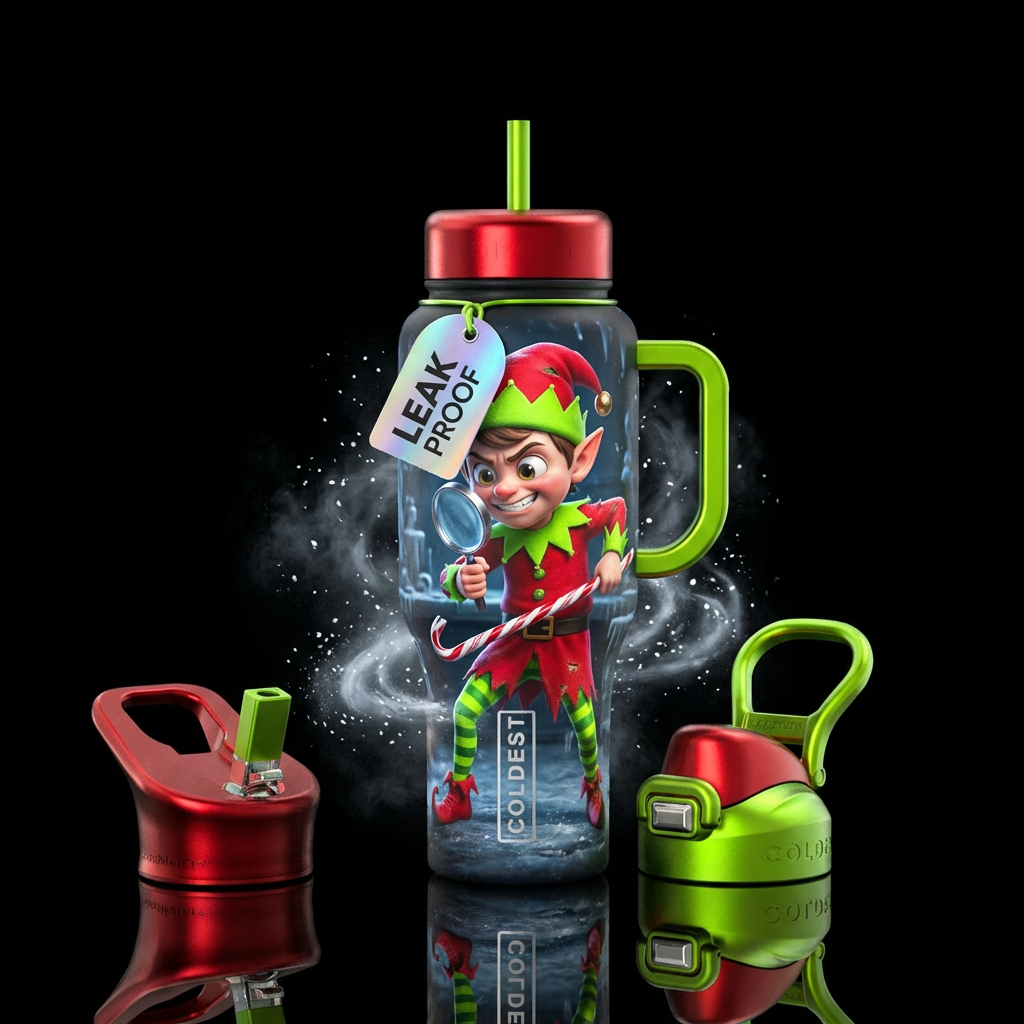 "A mischievous Elf ON THE SHELF with a grin and BI... water bottle design