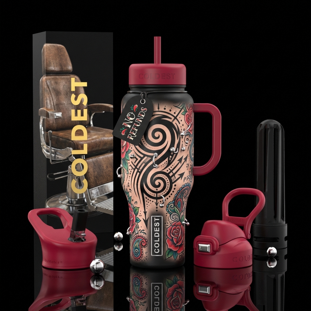 "A hyper-realistic 3D wrap-around tattoo design on... water bottle design