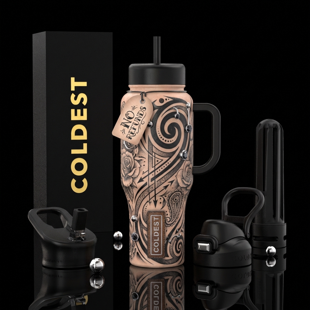 "A hyper-realistic 3D wrap-around tattoo design on... water bottle design