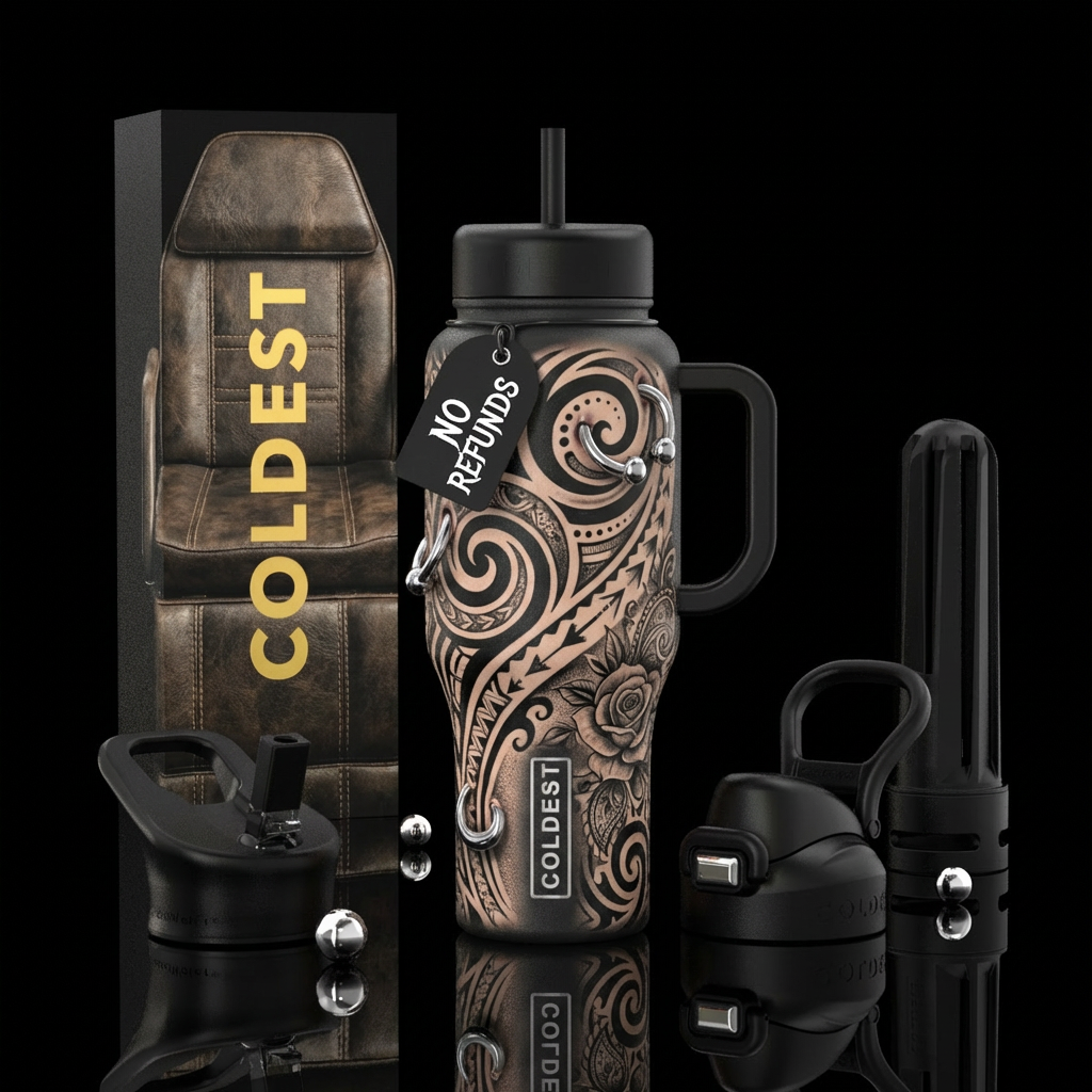 "A hyper-realistic 3D wrap-around tattoo design on... water bottle design