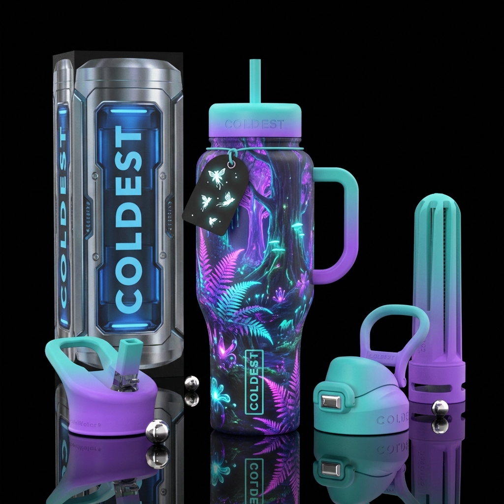 "A hyper-realistic 3D wrap-around bottle design of... water bottle design
