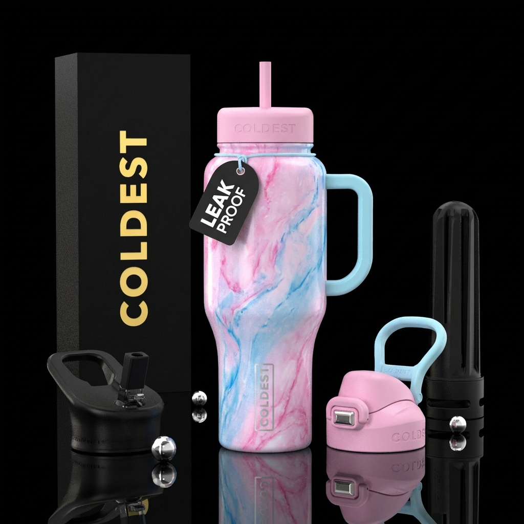 Pink and blue marble pastel water bottle design