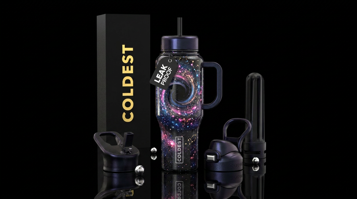 Shimmering black hole water bottle design