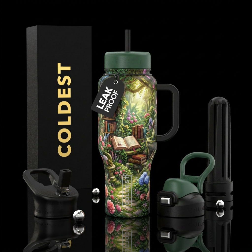 Books in a garden water bottle design
