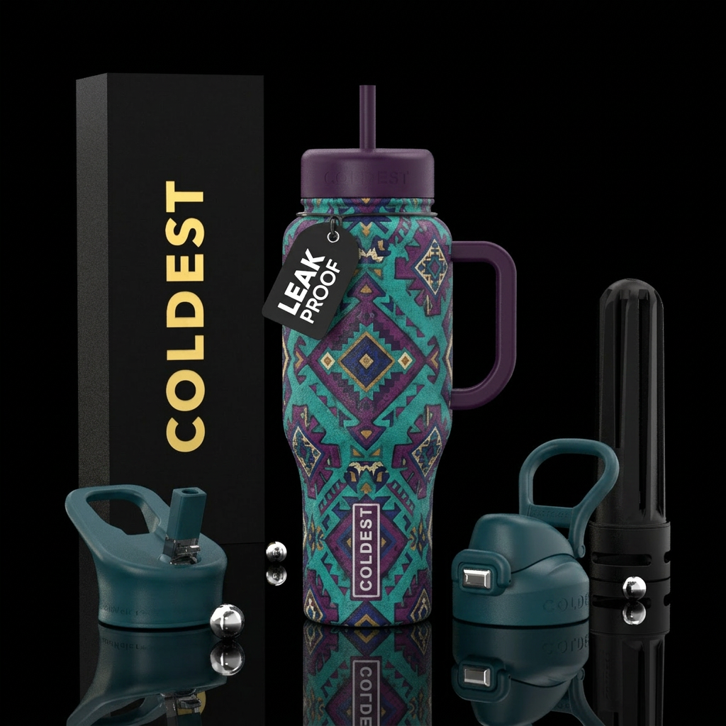 Aztec print teal and purple water bottle design