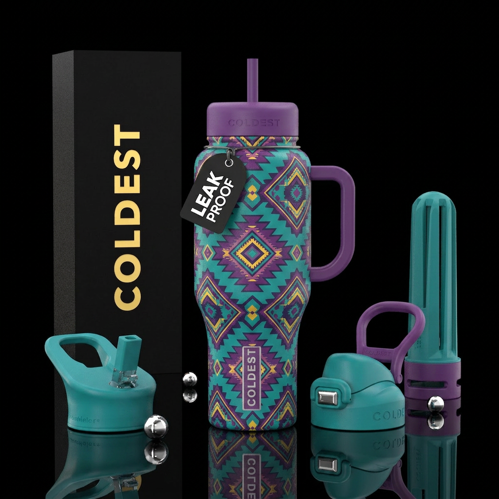 Aztec print teal, purple and yellow water bottle design