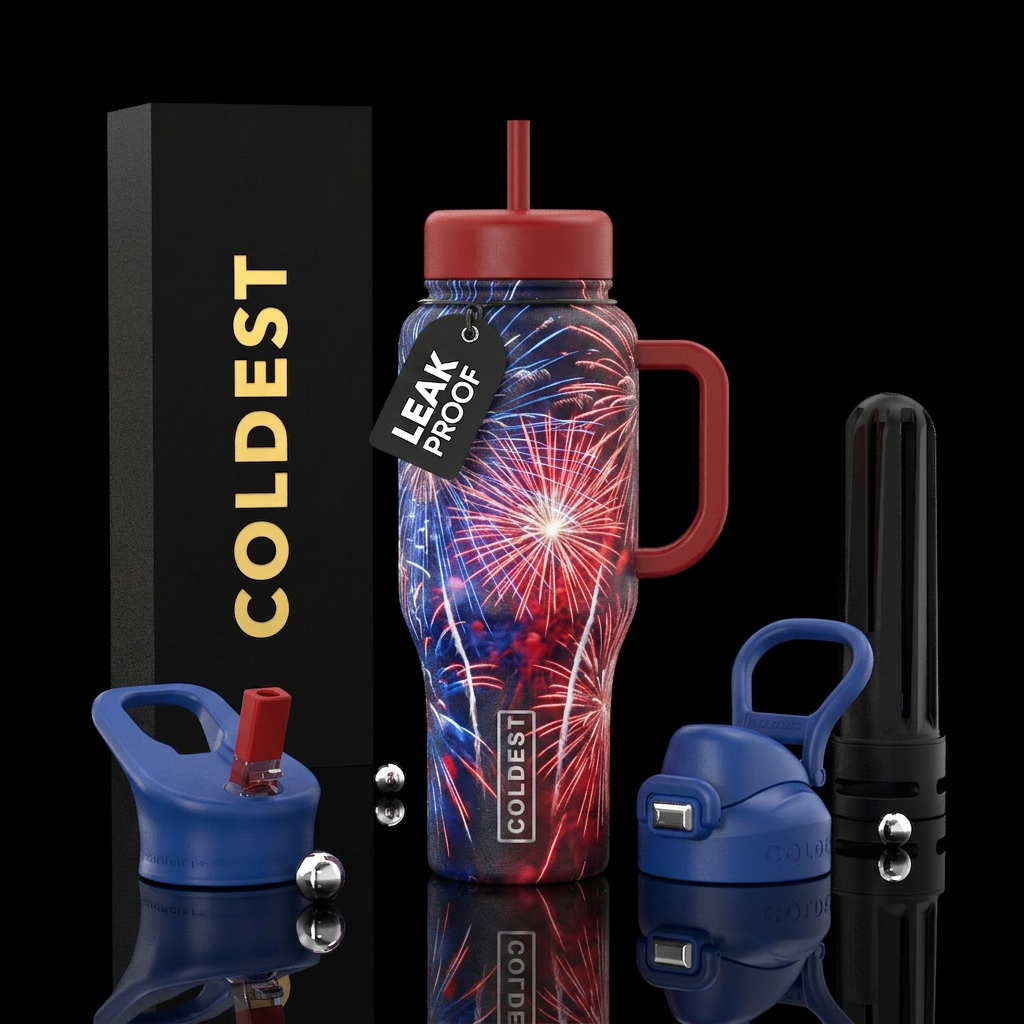 Fireworks that are red white and blue water bottle design