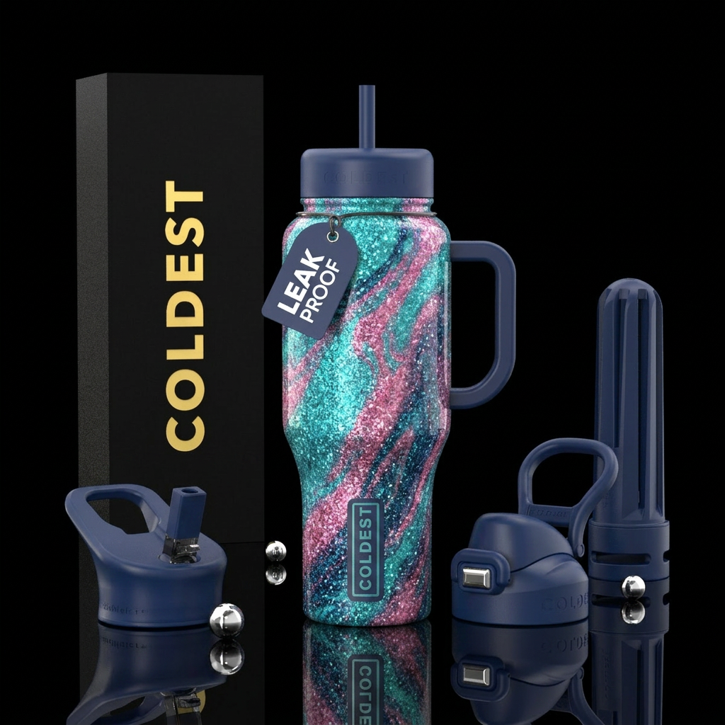 Turquoise pink and dark blue glitter swirls water bottle design