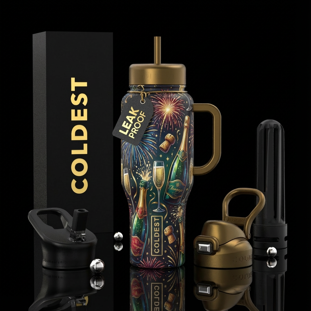 Fireworks, champagne bottles, champagne glasses, c... water bottle design