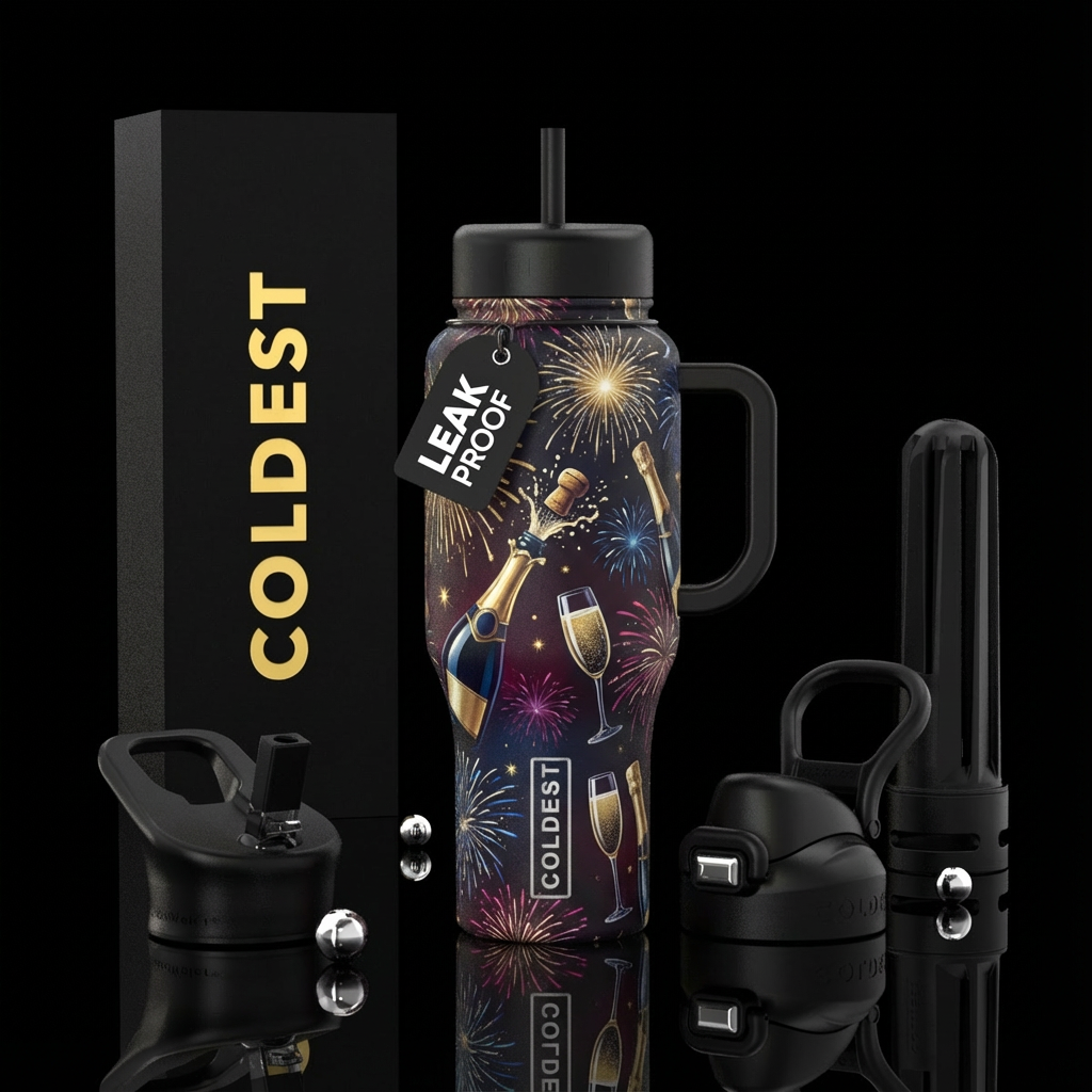 Fireworks, champagne bottles, champagne glasses, c... water bottle design