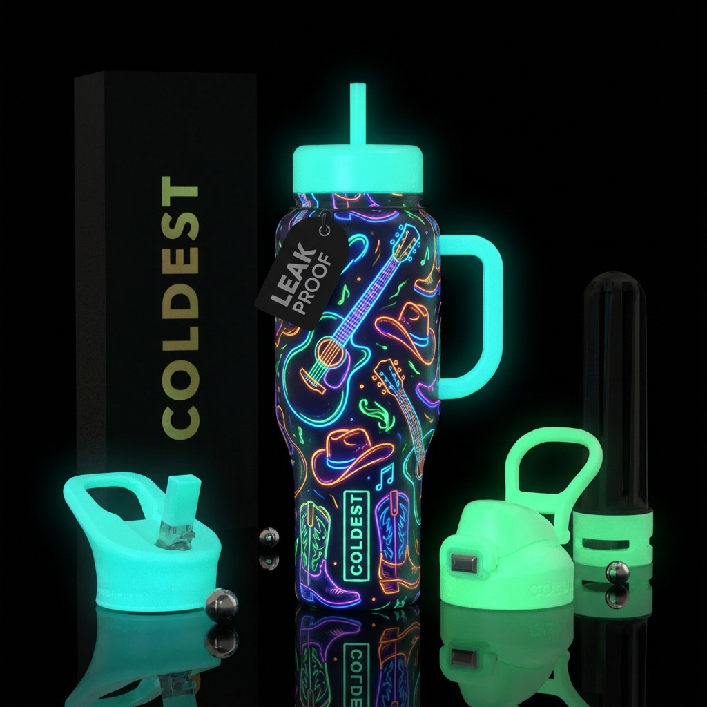 Guitars, cowboy hats, cowboy boots, glow in the da... water bottle design
