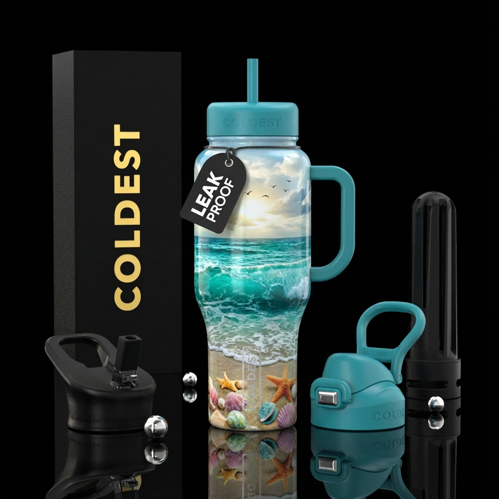 Blue green ocean, seashells, starfish, sun, clouds... water bottle design