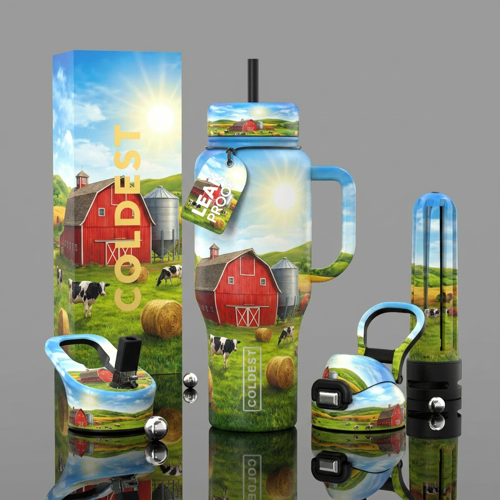 Farm, cows, red barn, silo, hay, sun water bottle design