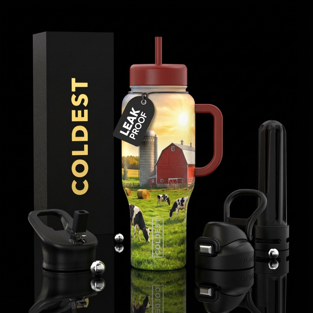 Farm, cows, red barn, silo, hay, sun, photorealist... water bottle design