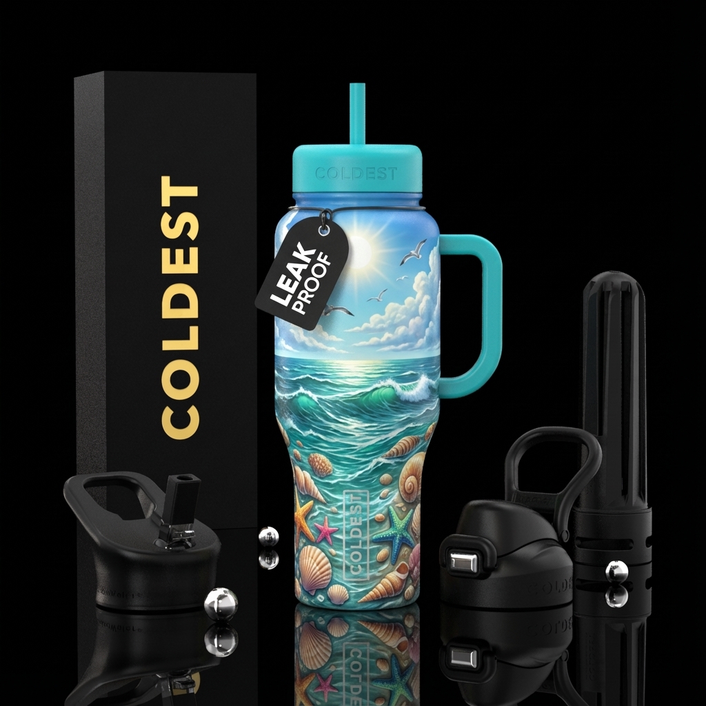 Blue green ocean, seashells, starfish, sun, clouds... water bottle design