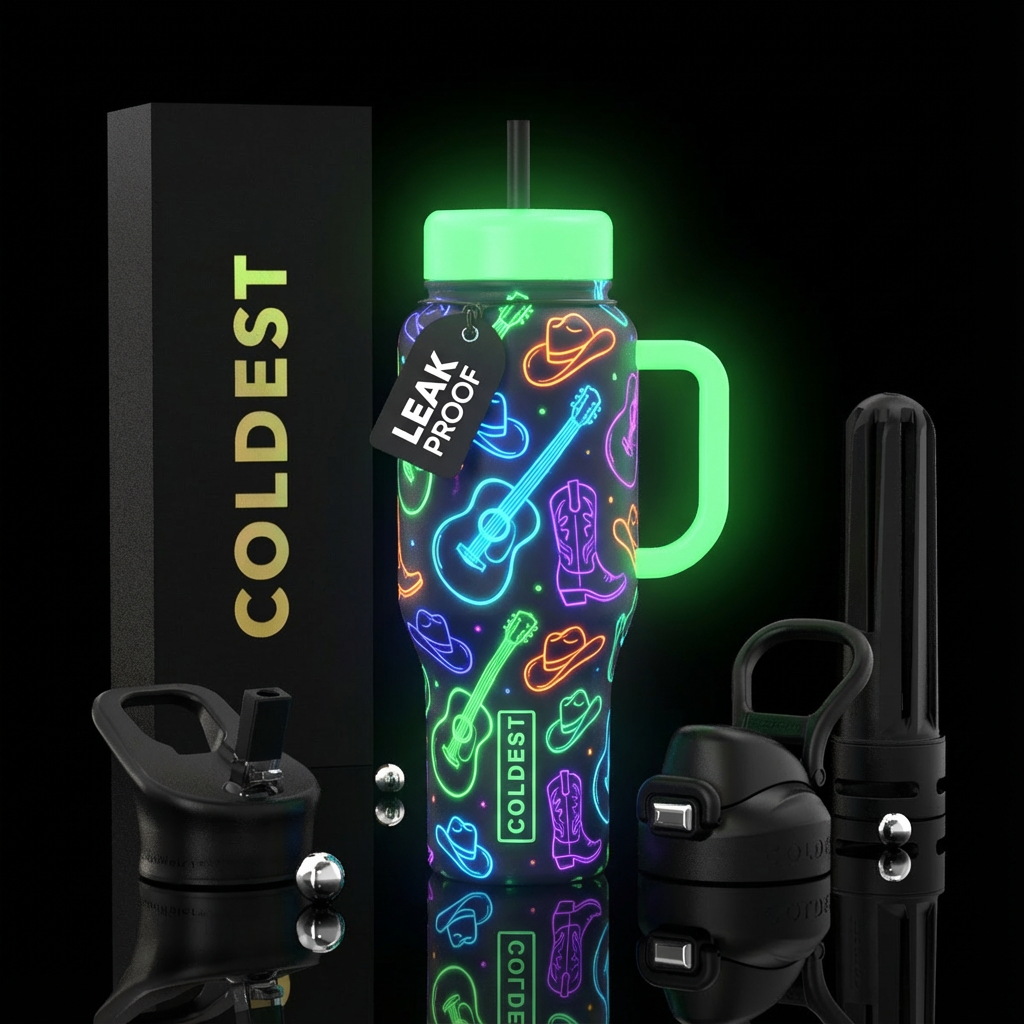 Guitars, cowboy hats, cowboy boots, glow in the da... water bottle design