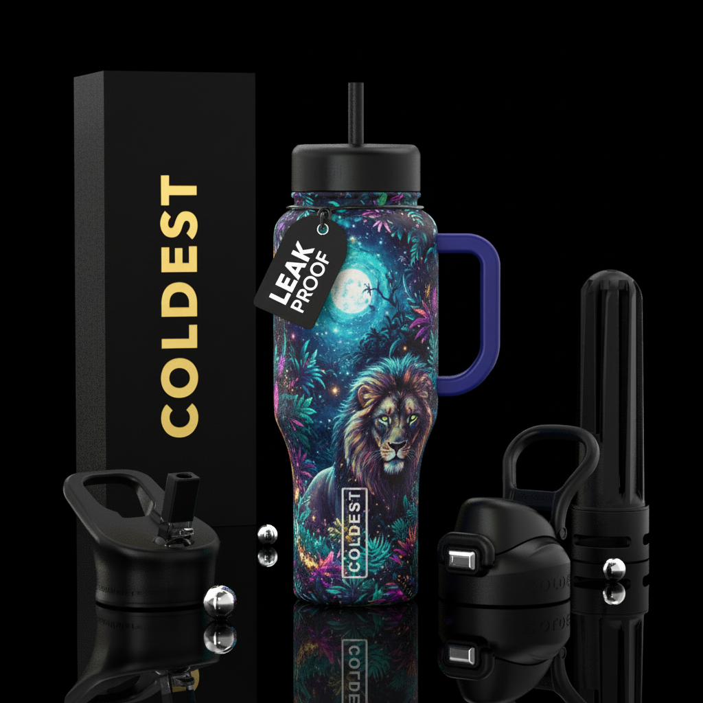 sparkly, realism, dark mood, lion, stars, jungle water bottle design