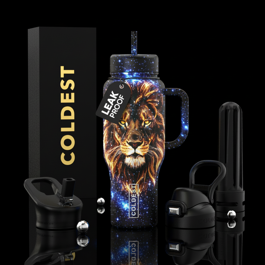 Black cup,  sky stars, nighttime,  fierce lion com... water bottle design