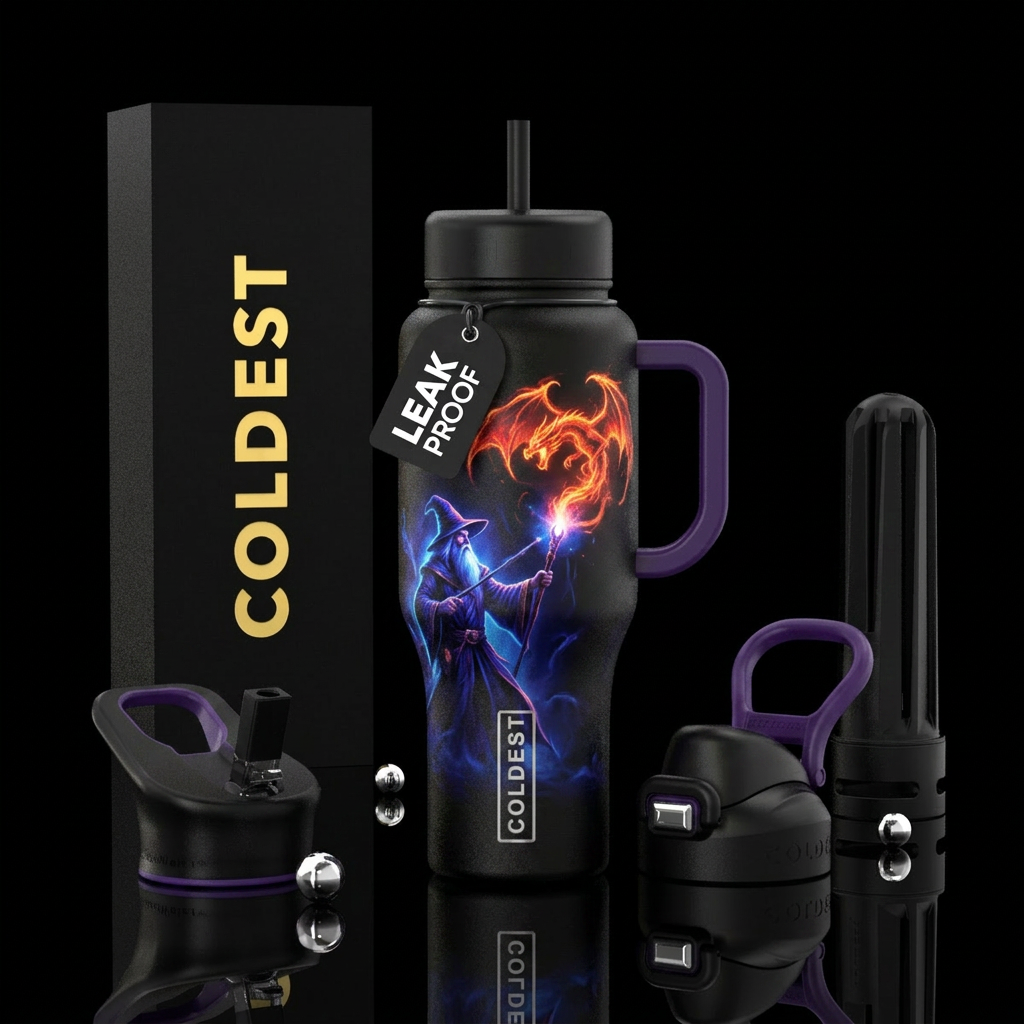 Glowing wizard with a staff conjuring a glowing dr... water bottle design