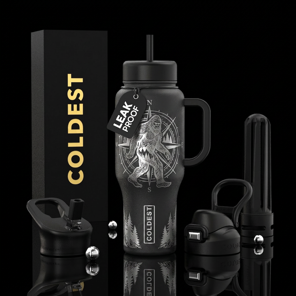 A silver laser engraved Sasquatch and a PNW compas... water bottle design