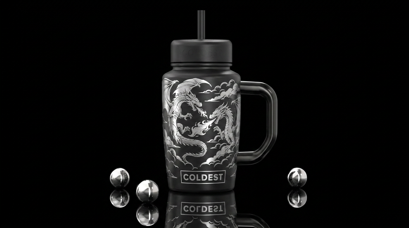 Two Silver laser etched dragons in the cloud on br... water bottle design