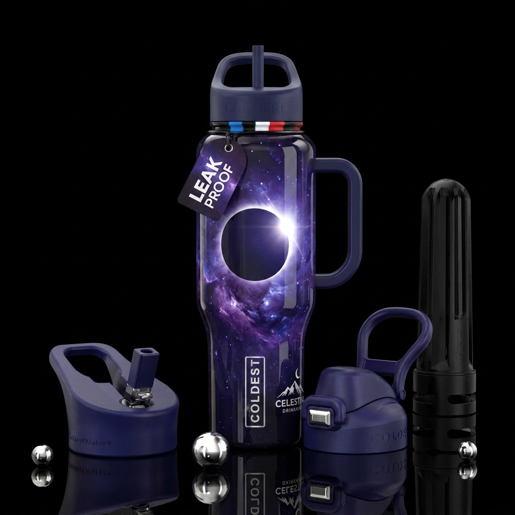 A full surface print of a deep purple and blue spa... water bottle design