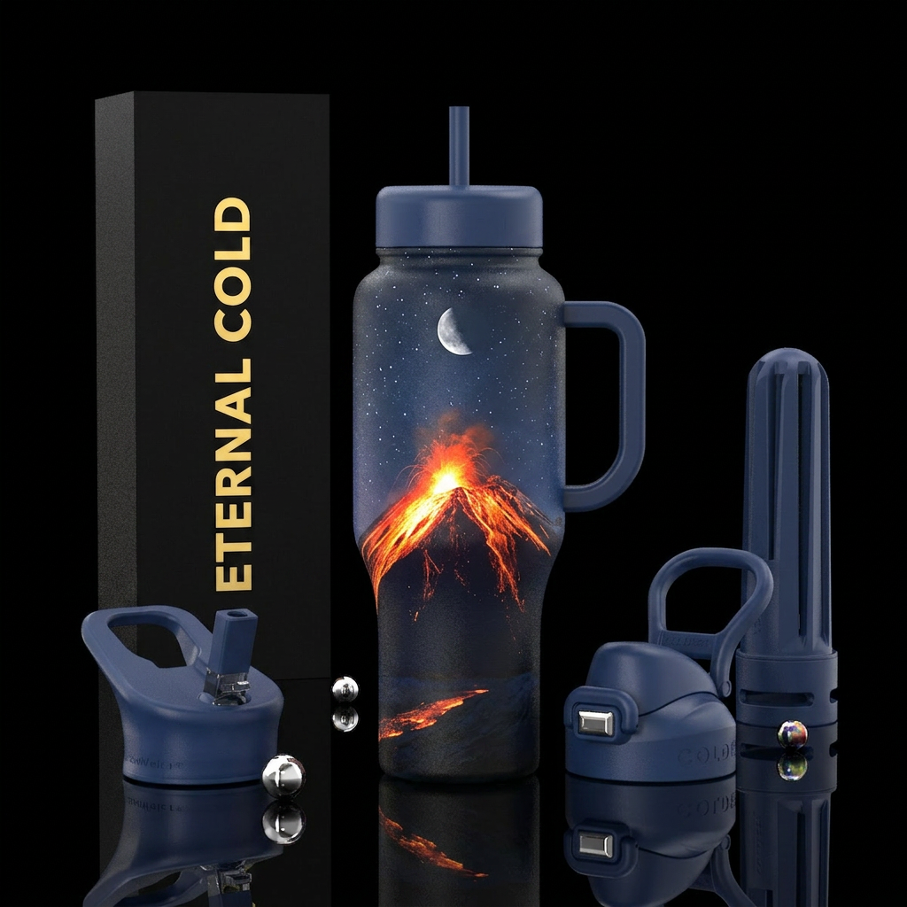 Volcano with lava flowing down sides at night with... water bottle design