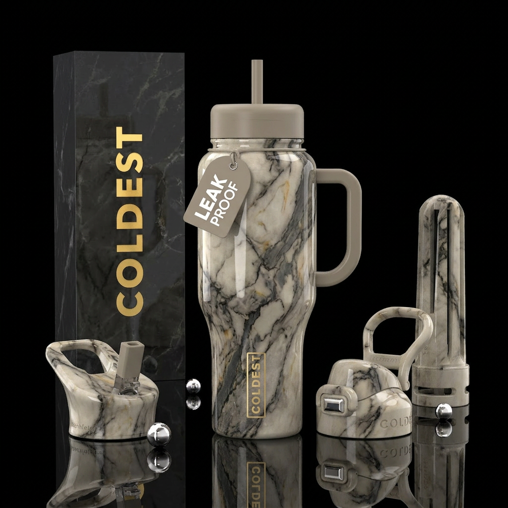 Dark ivory marble, shiny, beautiful, moody water bottle design
