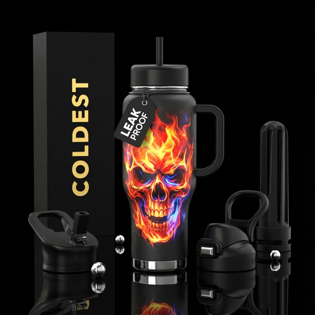one large firey skull on a black bottle water bottle design