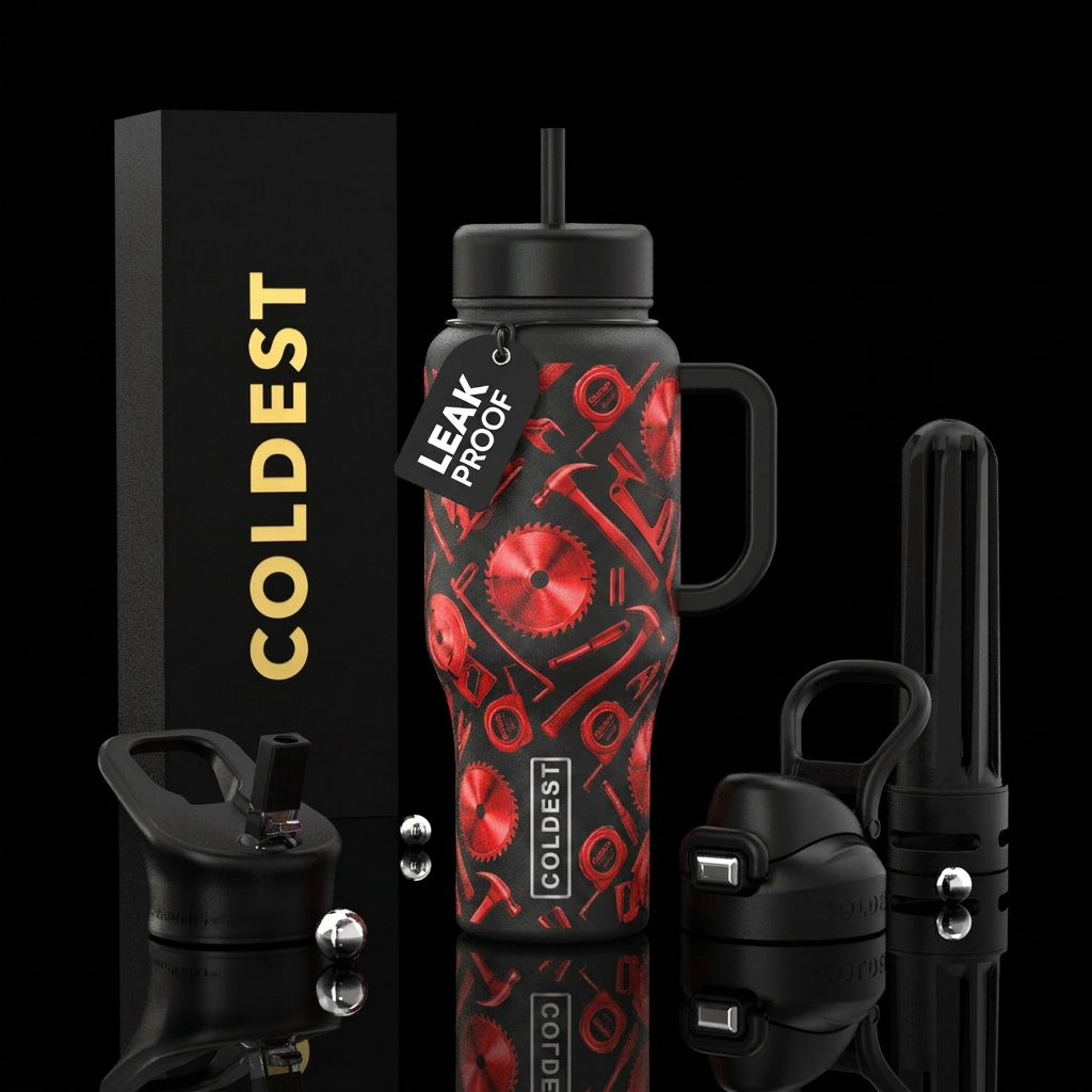 black bottle with black lid and black handle with ... water bottle design