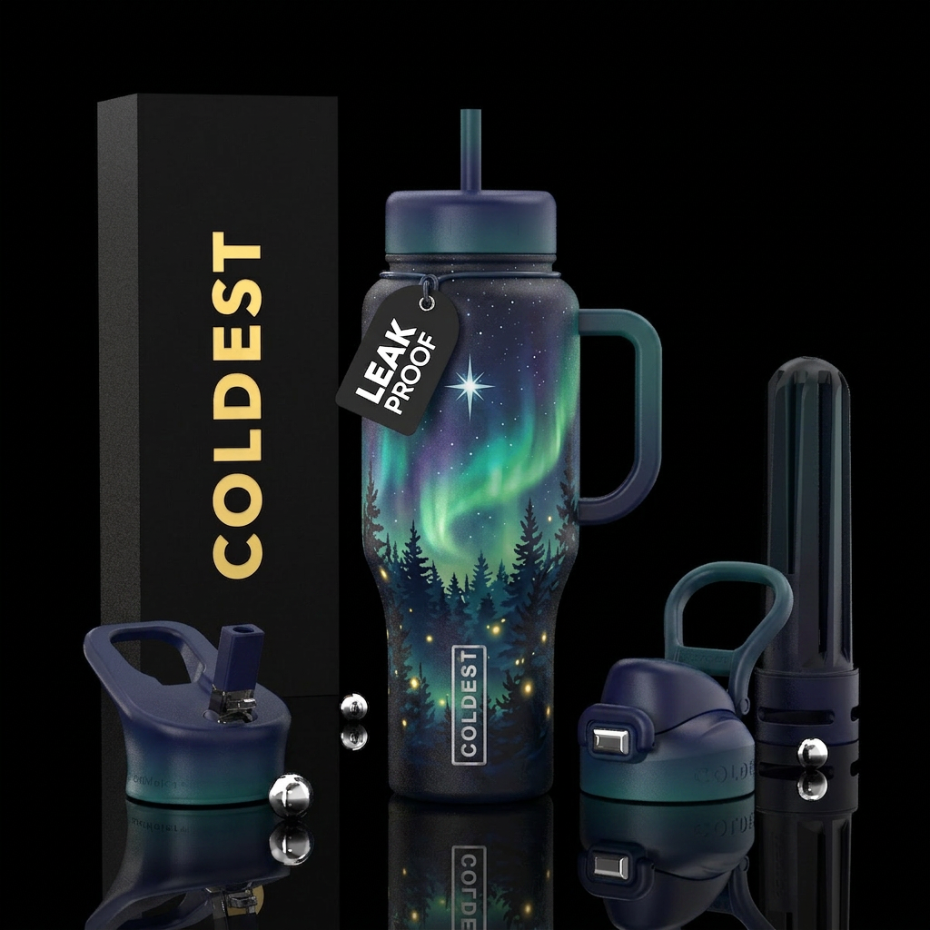 Northern star with Northern lights wooded scene wi... water bottle design
