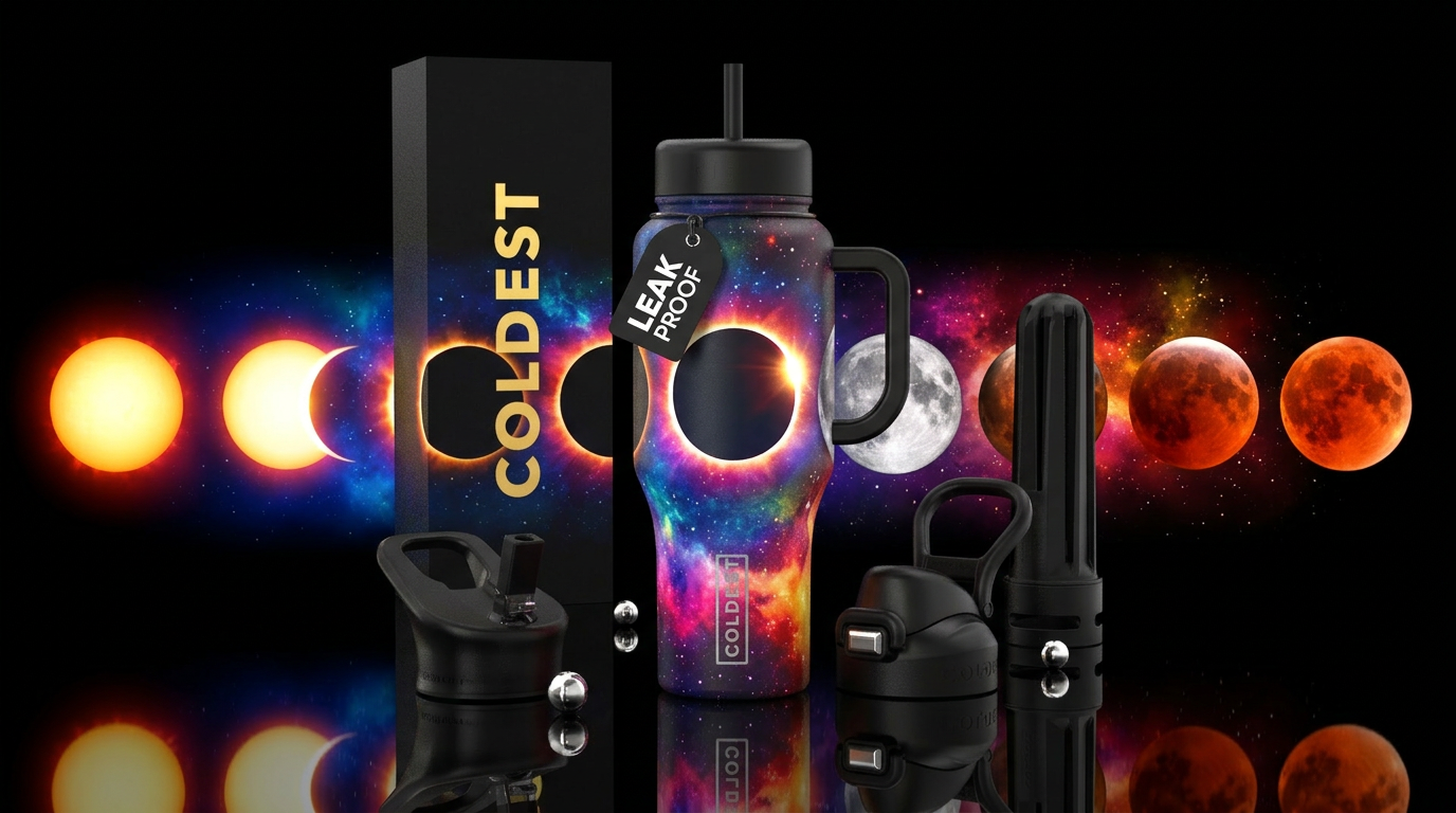 Show an eclipse in stages around tumbler,show both... water bottle design