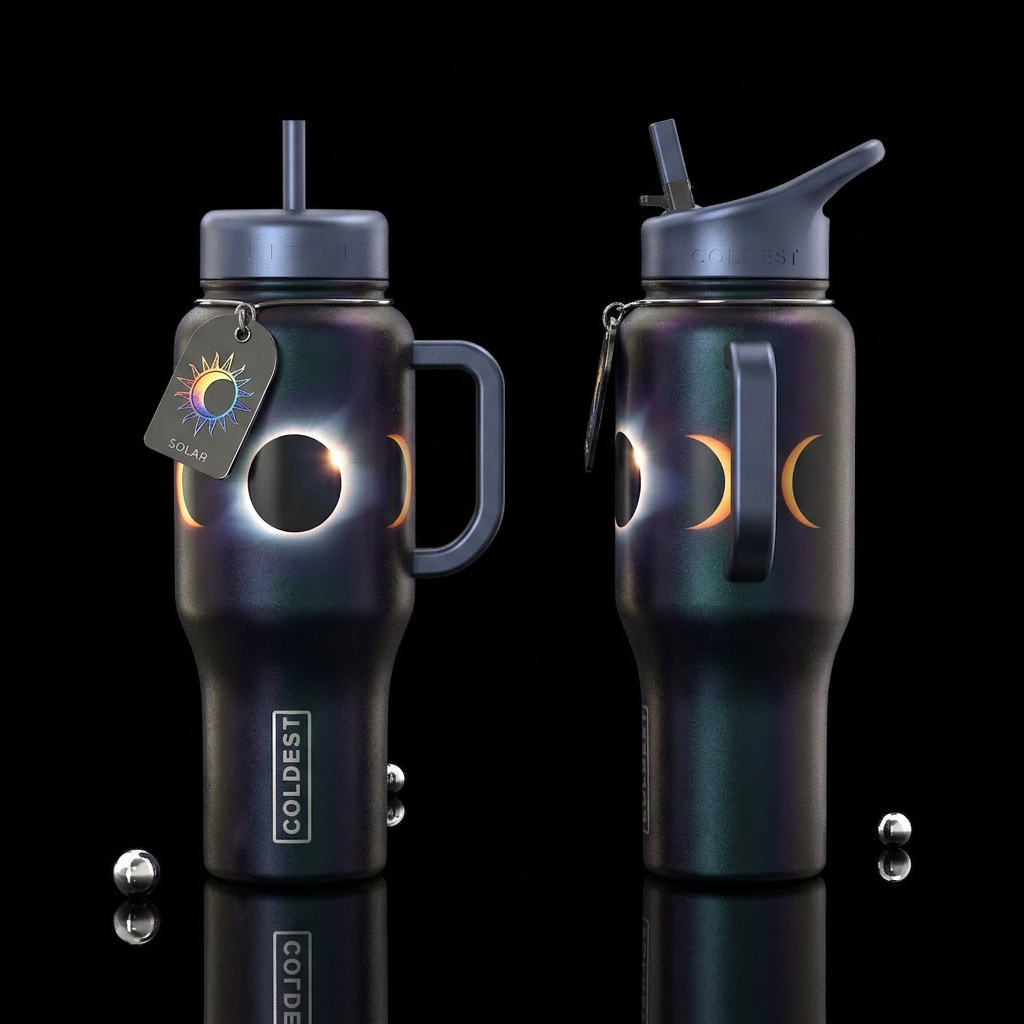 Show an eclipse in stages around tumbler,show both... water bottle design