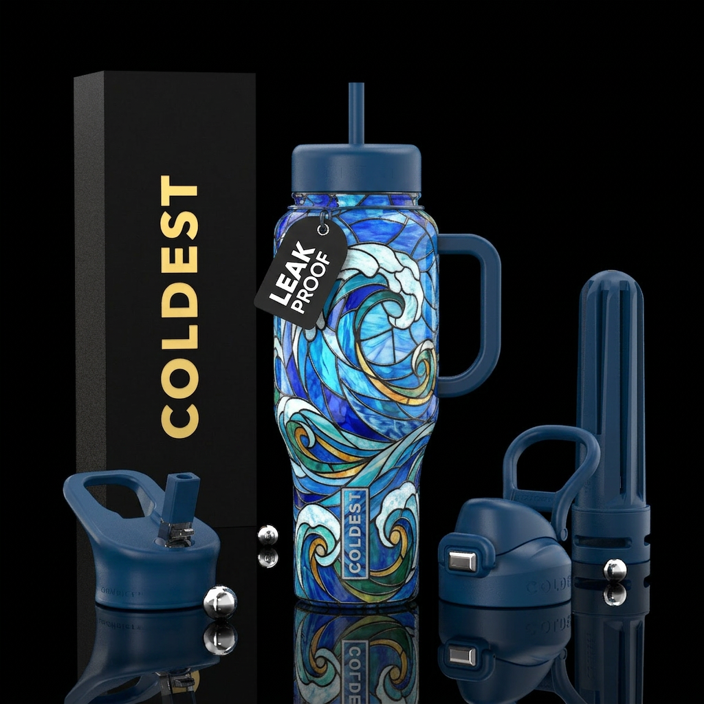 Stained glass with wave pattern in blues and white... water bottle design