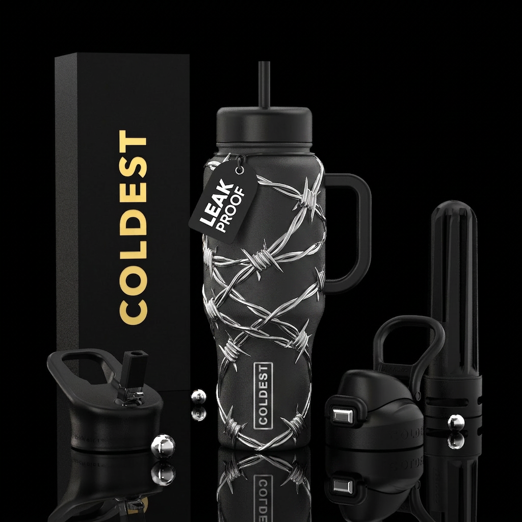 Barbed wire, silver and chrome artfully arranged o... water bottle design