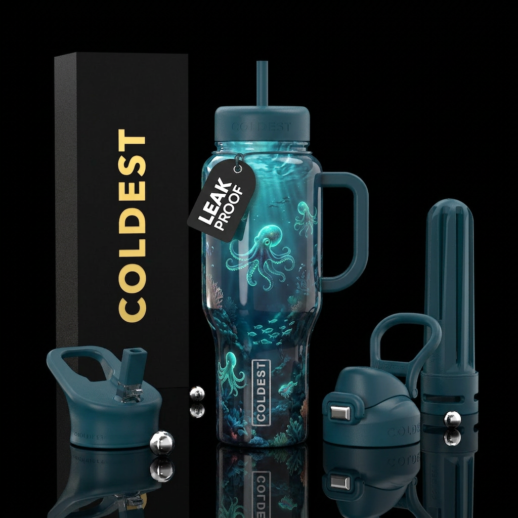 Glowing octopuses..floating in the sea water bottle design