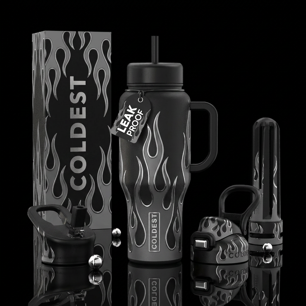Matte black with silver chrome and shades of Grey ... water bottle design