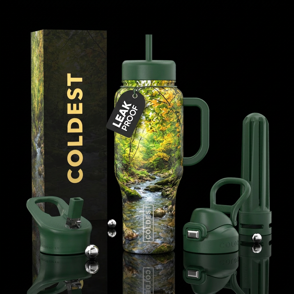 Woodland scene with summer foliage light playing t... water bottle design