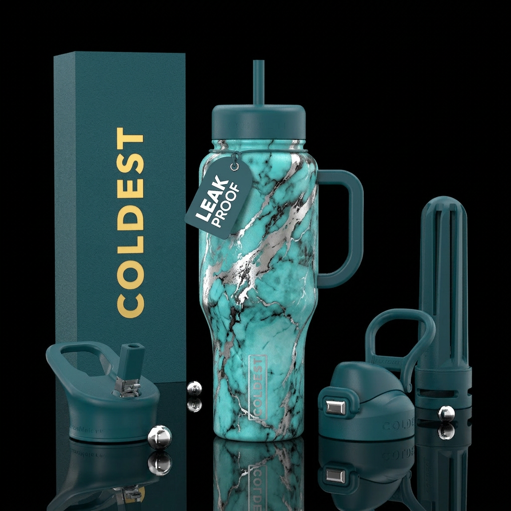 Marble in teal silver and black water bottle design