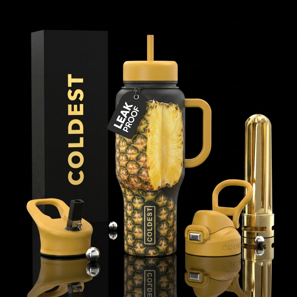 A pineapple with north south slice taken out. Make... water bottle design