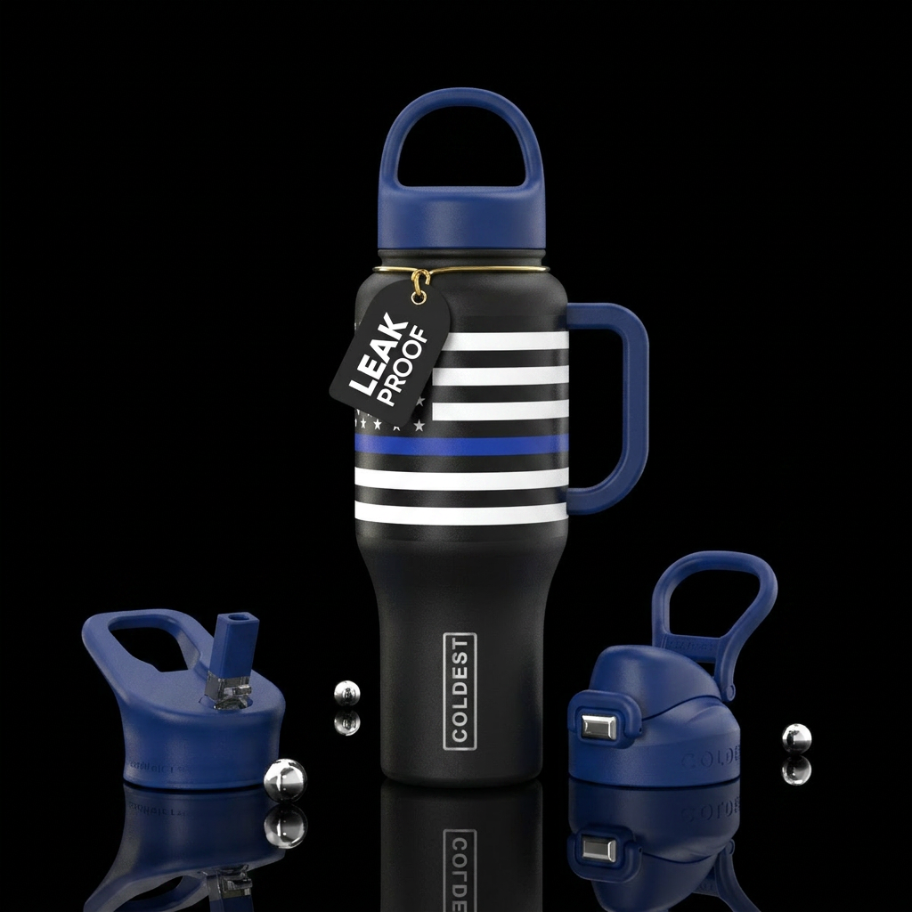 Show me a design depicting the police officers thi... water bottle design