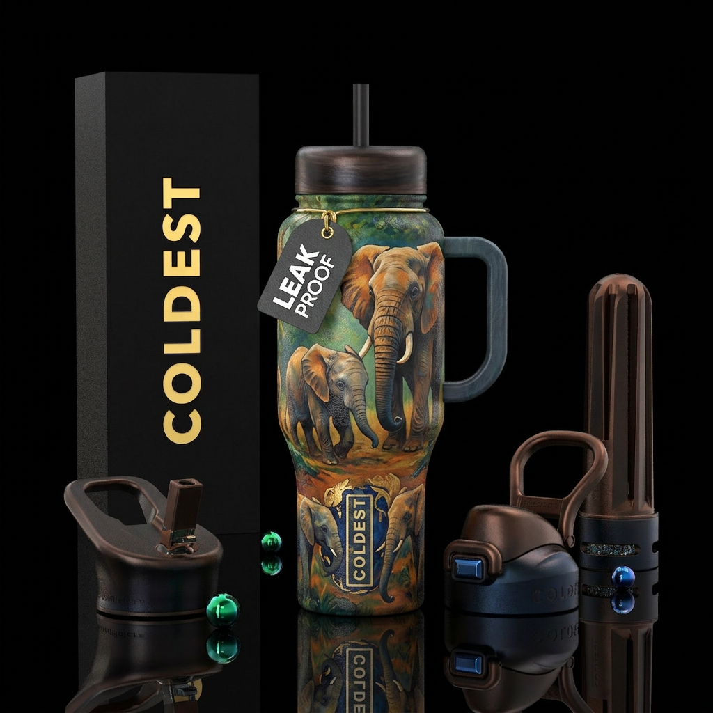 Elephants old and young in natural setting water bottle design