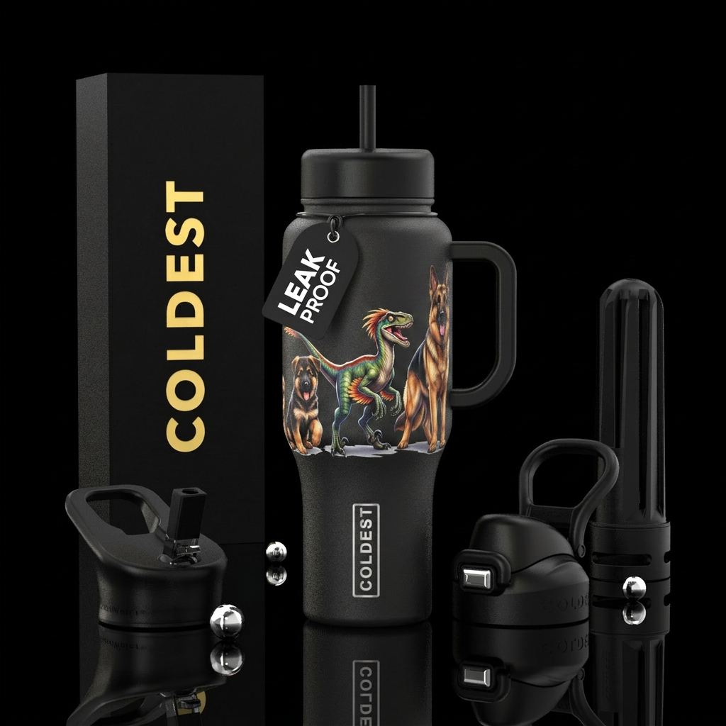 Evolution of a German Shepherd  showing puppy, vel... water bottle design