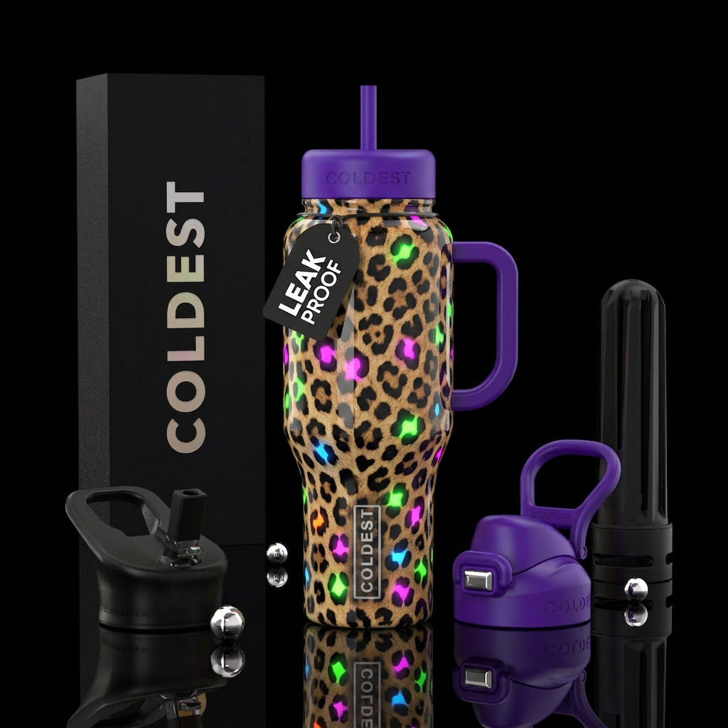 Leopard with random neon colored spots water bottle design
