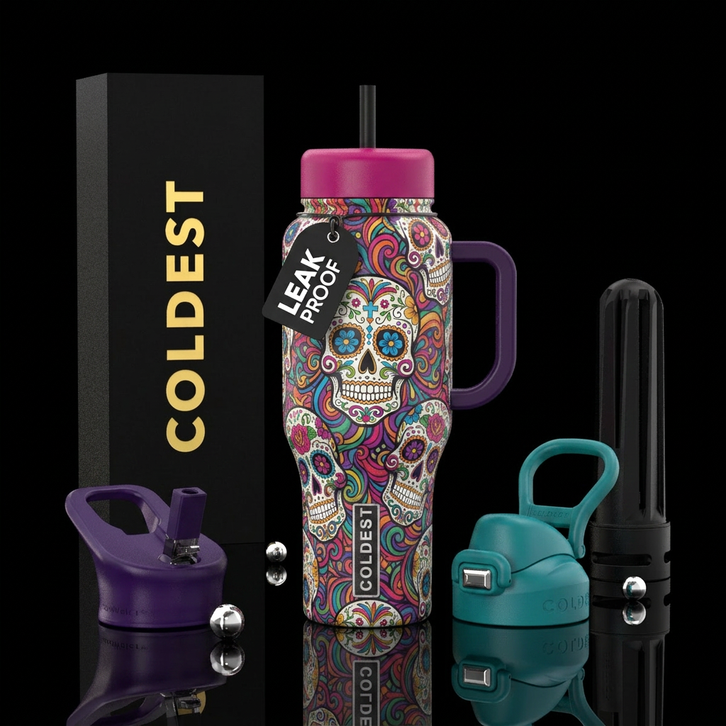 Sugar skulls with colorful swirling background water bottle design